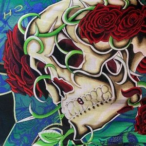Christian Audigier Skull and Roses Scarf - Red, Green, Blue